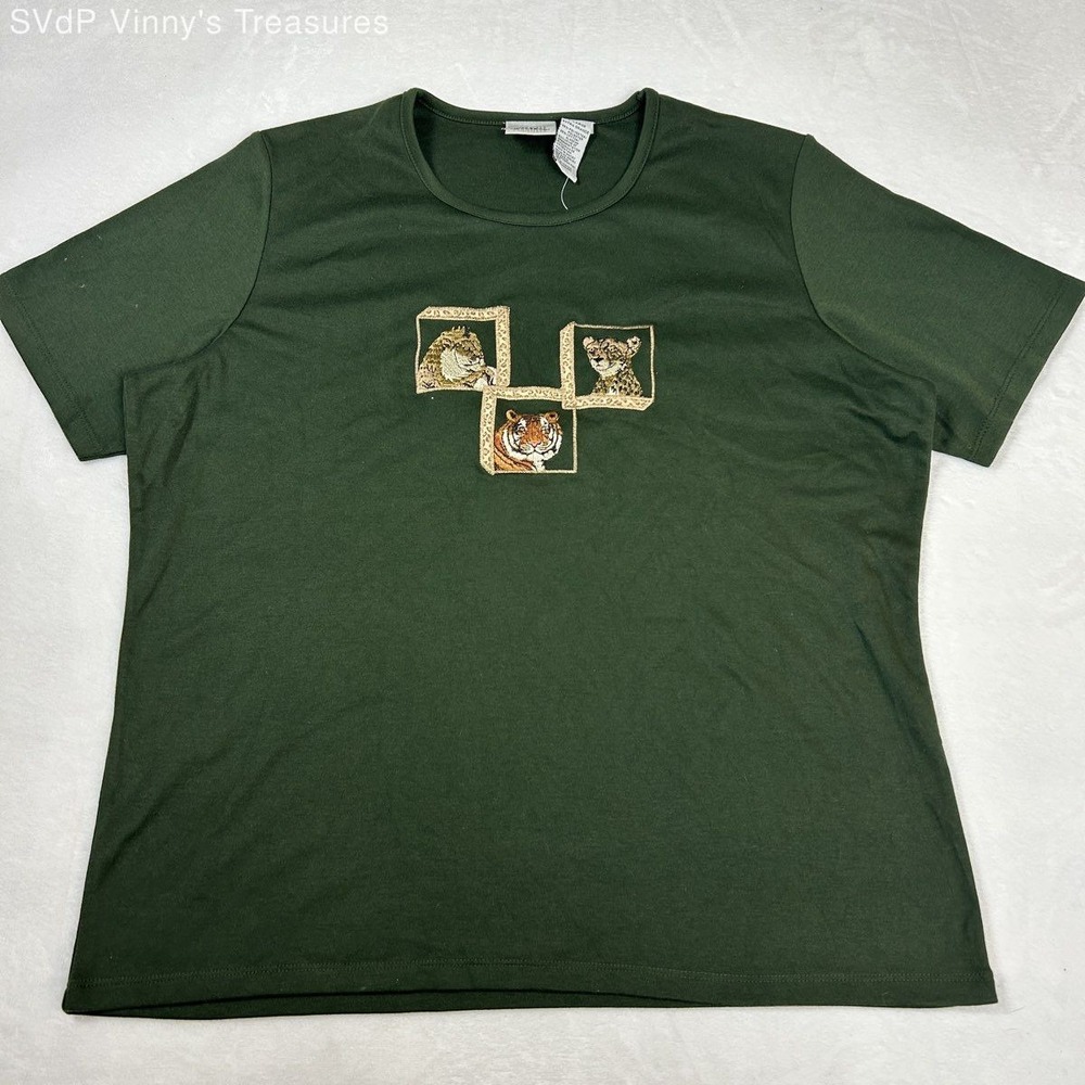 Vintage Y2K Jason Maxwell Women's Olive Green Big Cat Embroidered T-Shirt XL NWT